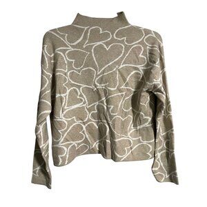 Tahari Sweater Womens Large Beige White Heart Print Mock Neck Lightweight